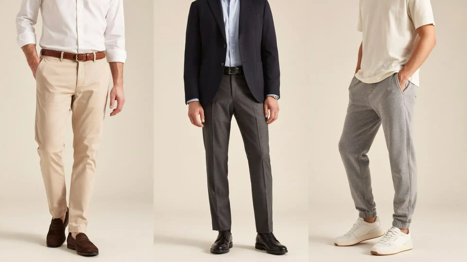 Three trouser styling ideas featuring chinos, formal wool trousers, and joggers with coordinated shirts, jackets, and footwear.