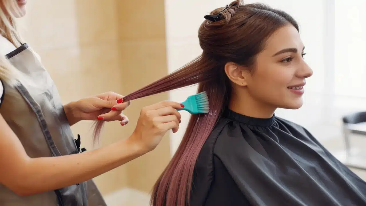 stylist applying semi-permanent hair color to sectioned brown hair in a bright salon side view