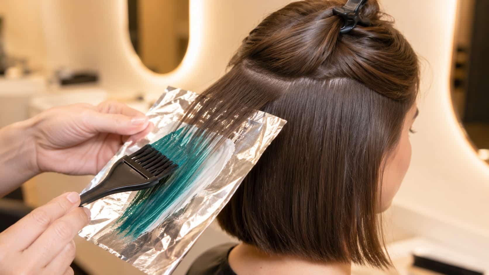 temporary hair color being brushed onto one section of ash brown hair over foil in a warm salon close-up