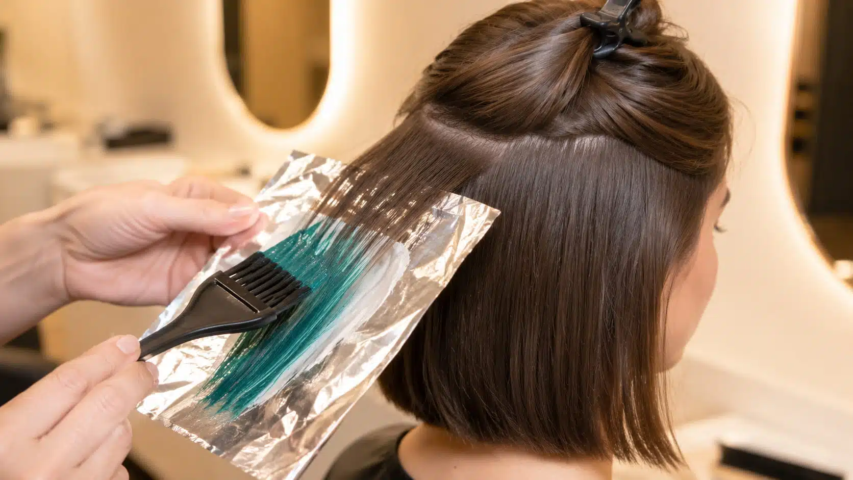 temporary hair color being brushed onto one section of ash brown hair over foil in a warm salon close-up