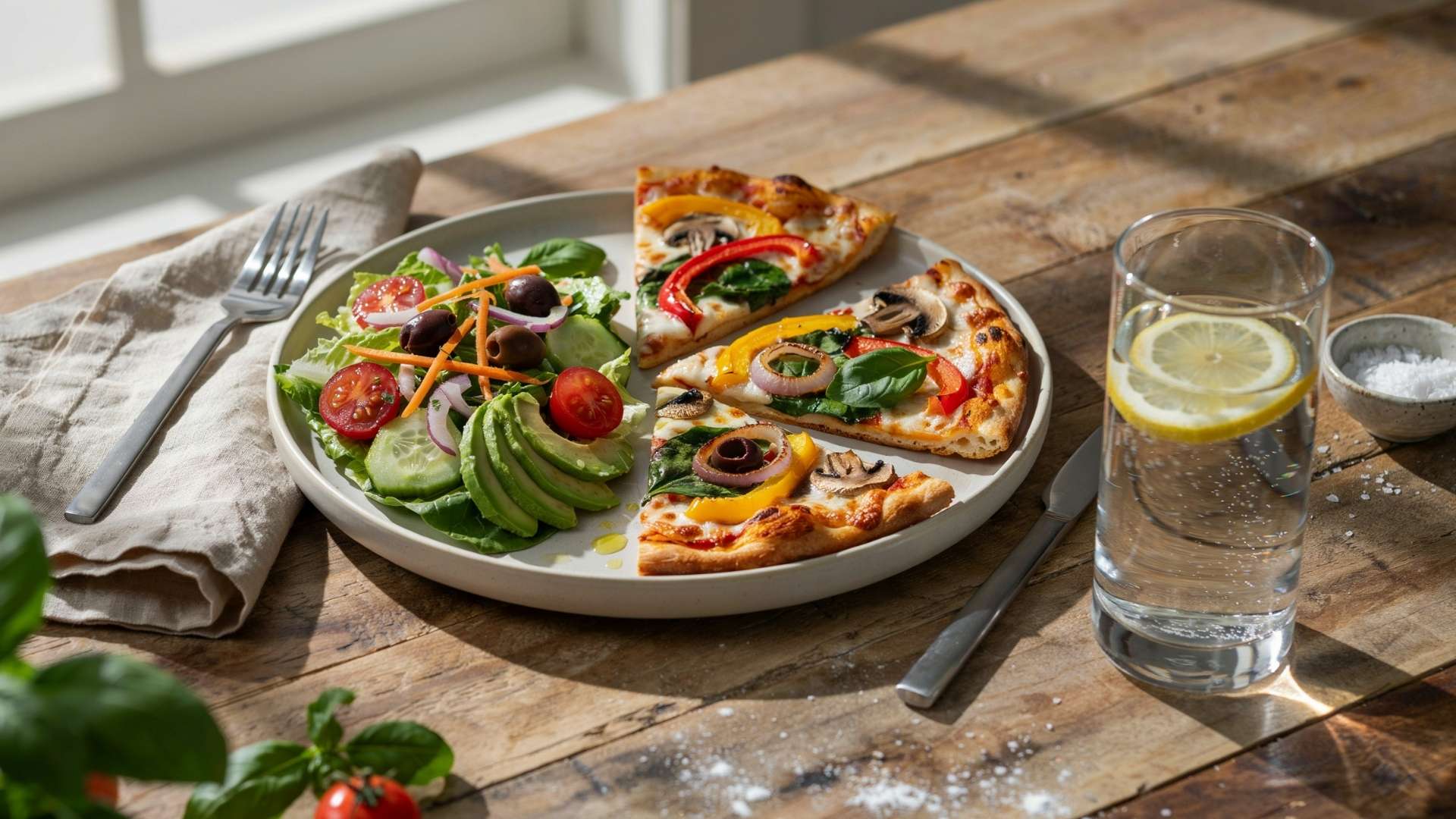 Three slices of vegetable pizza are served with a fresh garden salad featuring lettuce, tomatoes, cucumber, olives, and avocado, showing how pizza can be paired with vegetables for a more balanced meal.