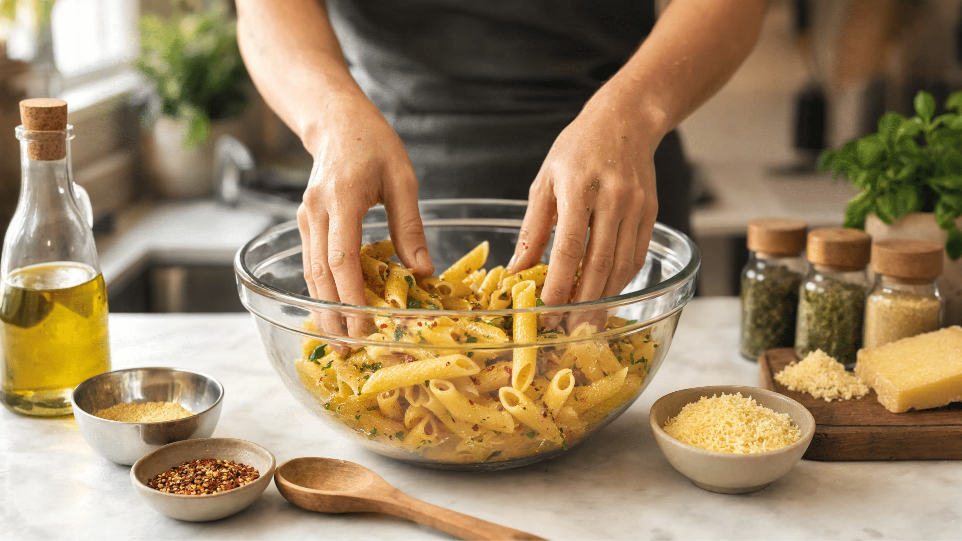 toss warm pasta with oil cheese and spices until evenly coated for full flavor base
