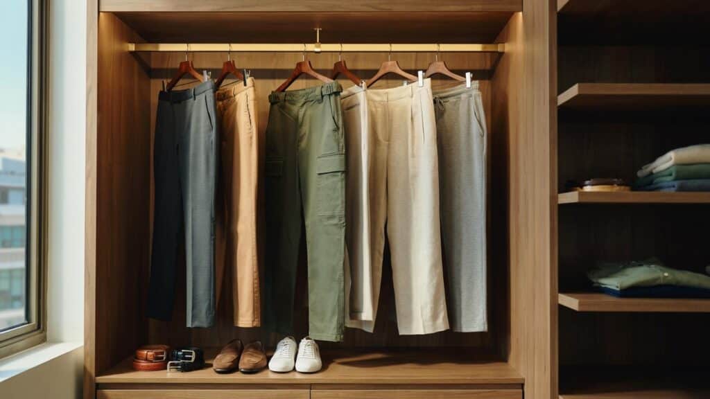 Different types of trousers organized neatly inside a modern wardrobe