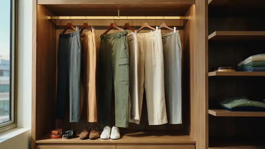 Different types of trousers organized neatly inside a modern wardrobe