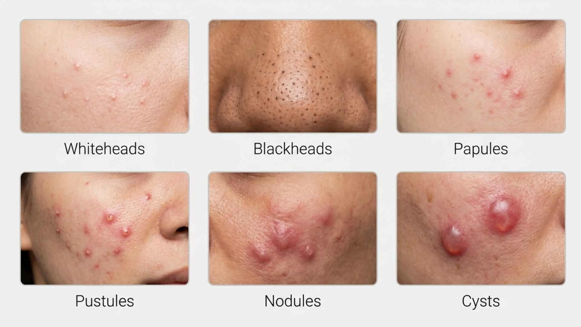 Pimple types showing realistic skin examples of whiteheads blackheads papules pustules nodules and cysts for acne identification