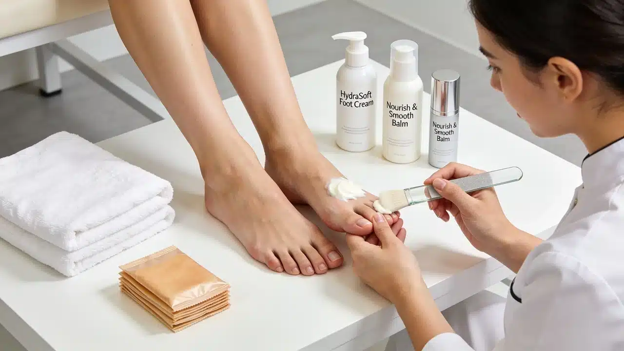 waterless pedicure with cream application, folded towels, foot care products, and no soaking tub visible