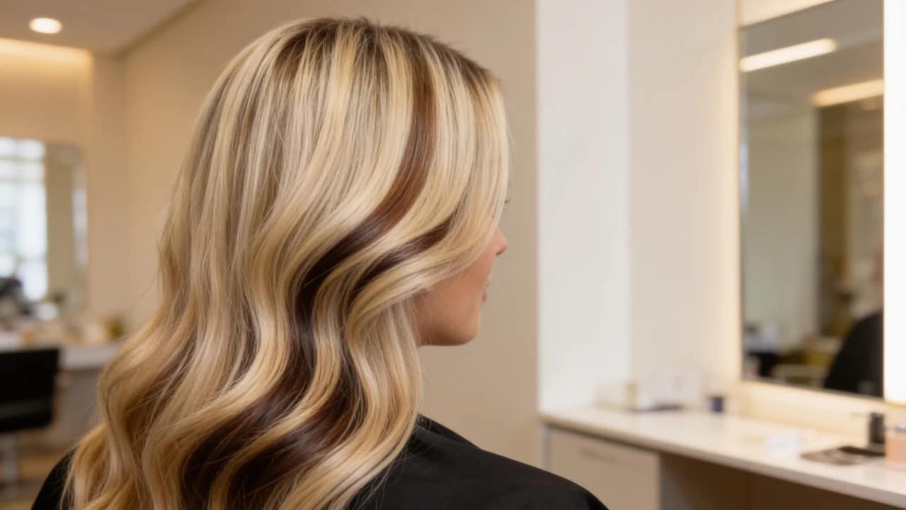 woman with champagne blonde hair and mocha brown lowlights in a warm salon side view