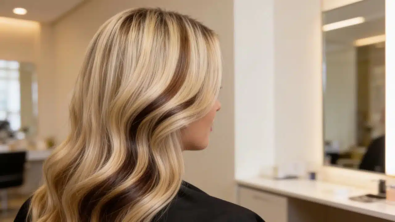 woman with champagne blonde hair and mocha brown lowlights in a warm salon side view