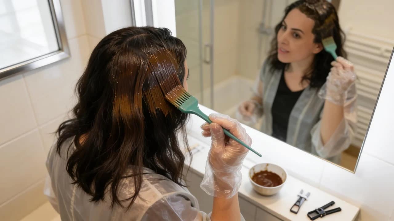 woman applying all-over hair color from roots to ends with a tint brush in a bathroom mirror