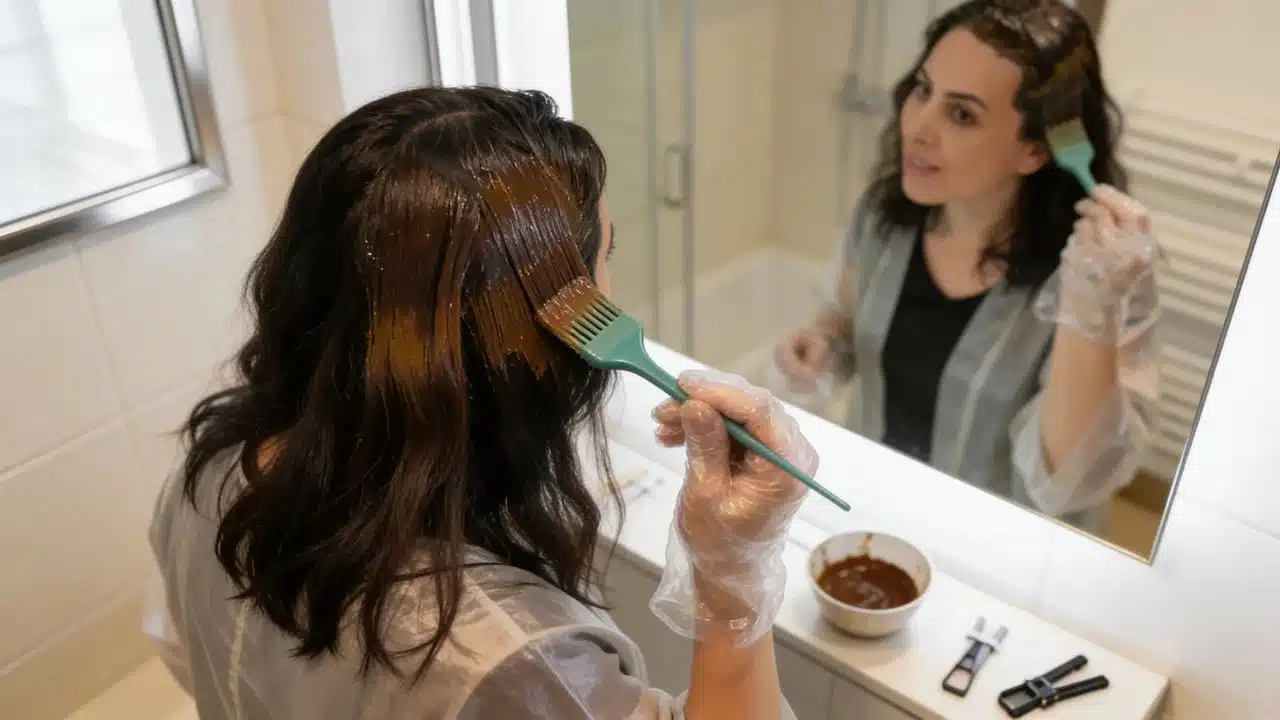 woman applying all-over hair color from roots to ends with a tint brush in a bathroom mirror