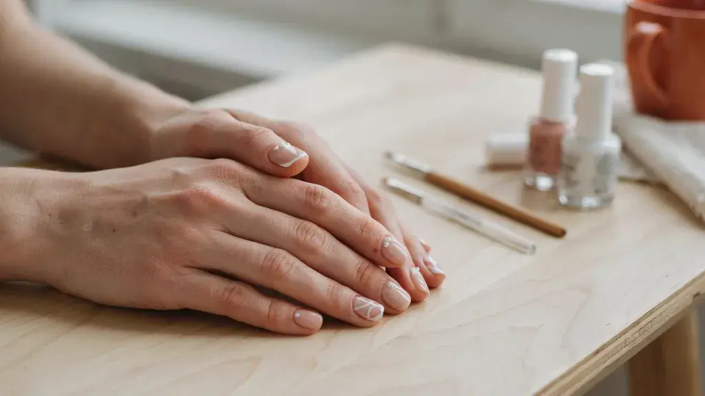 Close up hands showing simple minimalist nail art designs with dots lines and soft French tips at home manicure setup