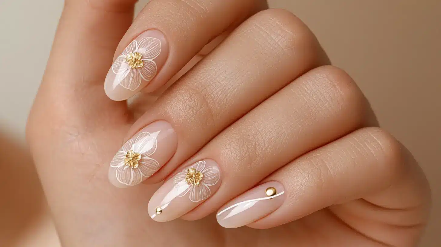 Elegant nude floral nail art with white flowers and gold accents on almond-shaped nails.