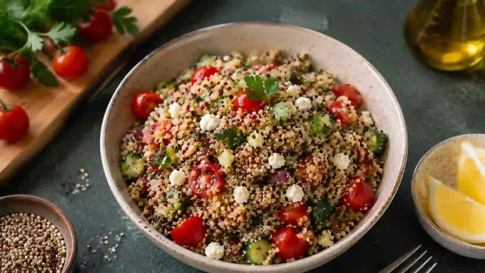 Fresh quinoa salad bowl with vegetables and grains showcasing a nutritious wholesome meal