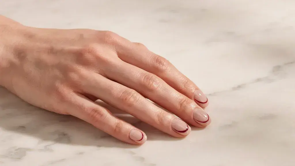 Abstract swirl nail design featuring glossy nude nails with curved artistic lines for a simple nail art look