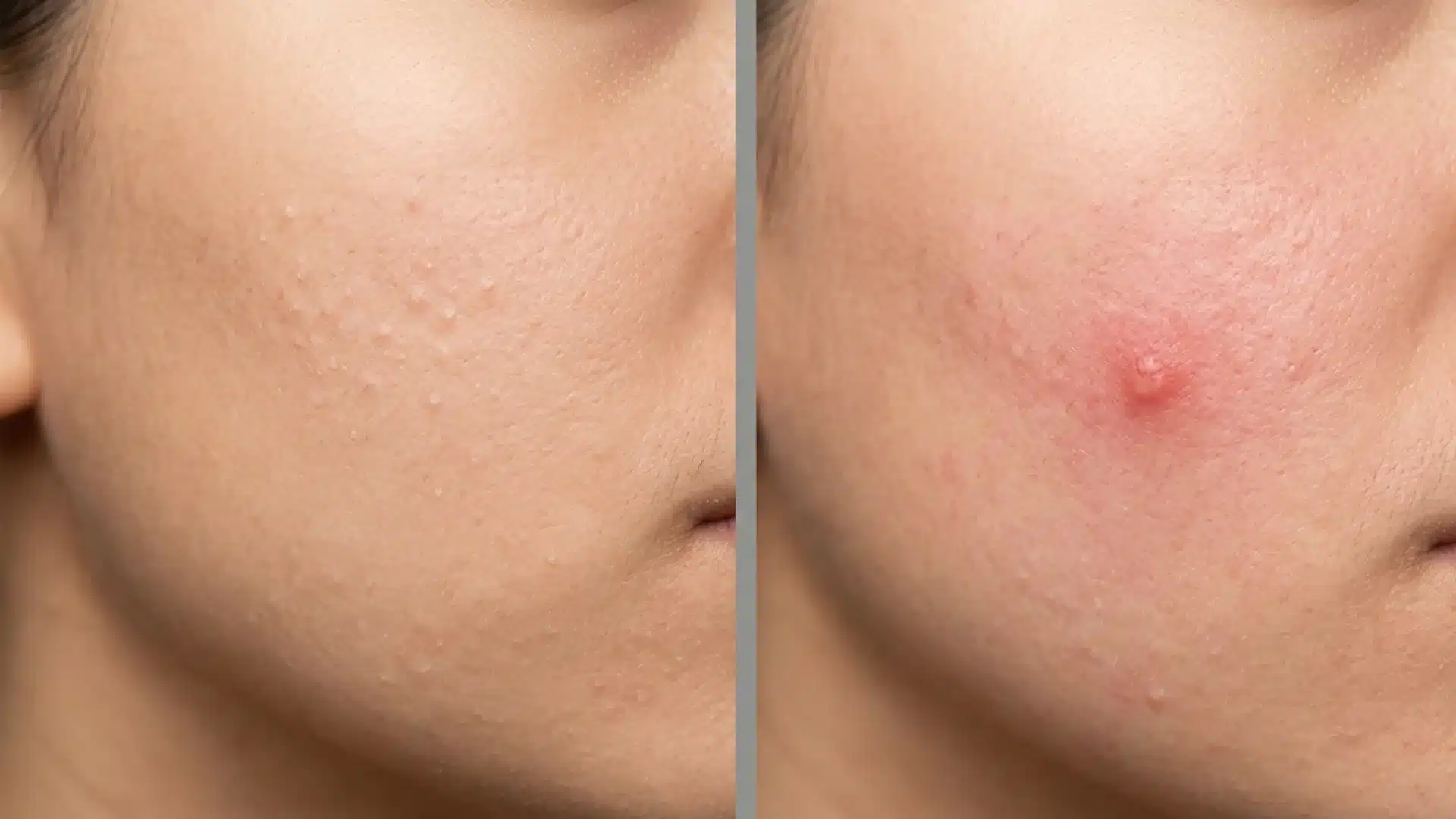 Before and after acne skin comparison showing facial texture changes with small bumps and inflamed breakout area