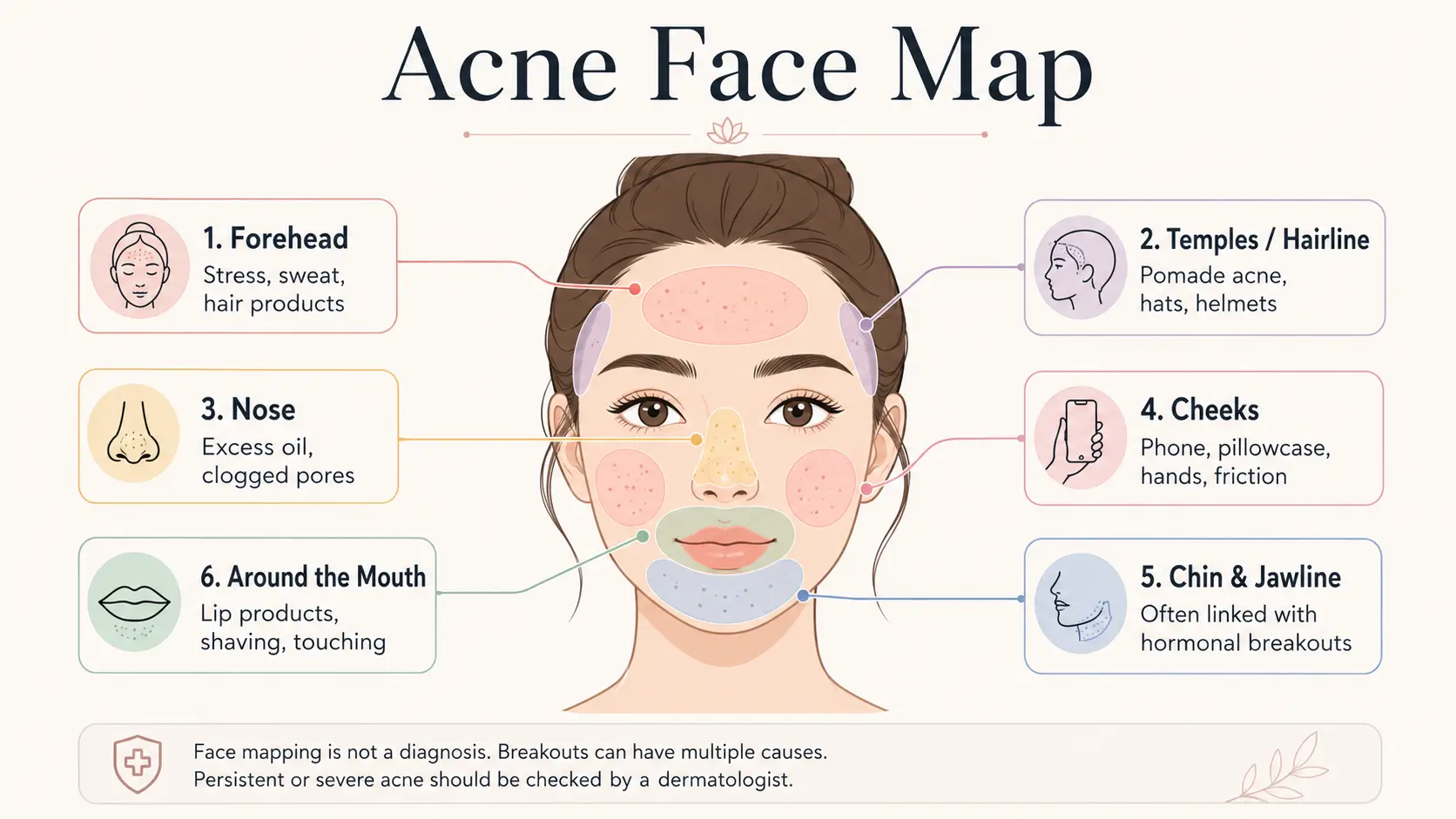 Acne face map infographic showing common breakout zones on the forehead, cheeks, nose, chin and jawline with skincare tips