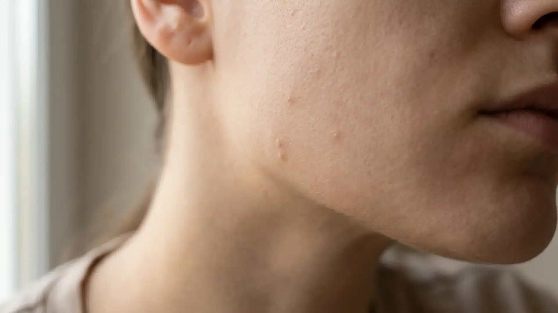 Close up facial skin showing acne prone texture with small bumps and visible pores in a natural skincare focused image