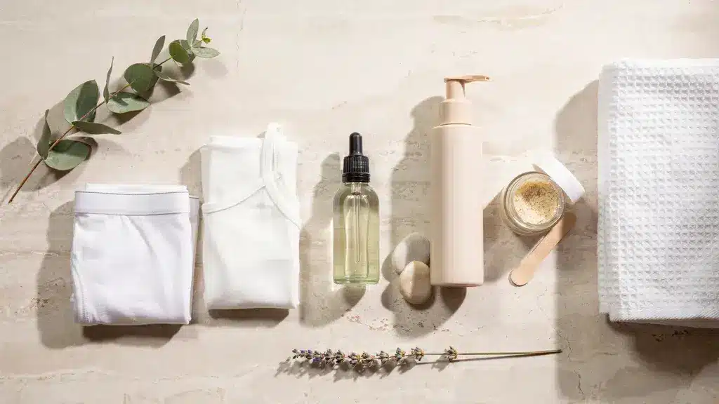 Post-wax care essentials including exfoliant, moisturizer, soothing products, and loose cotton clothing.