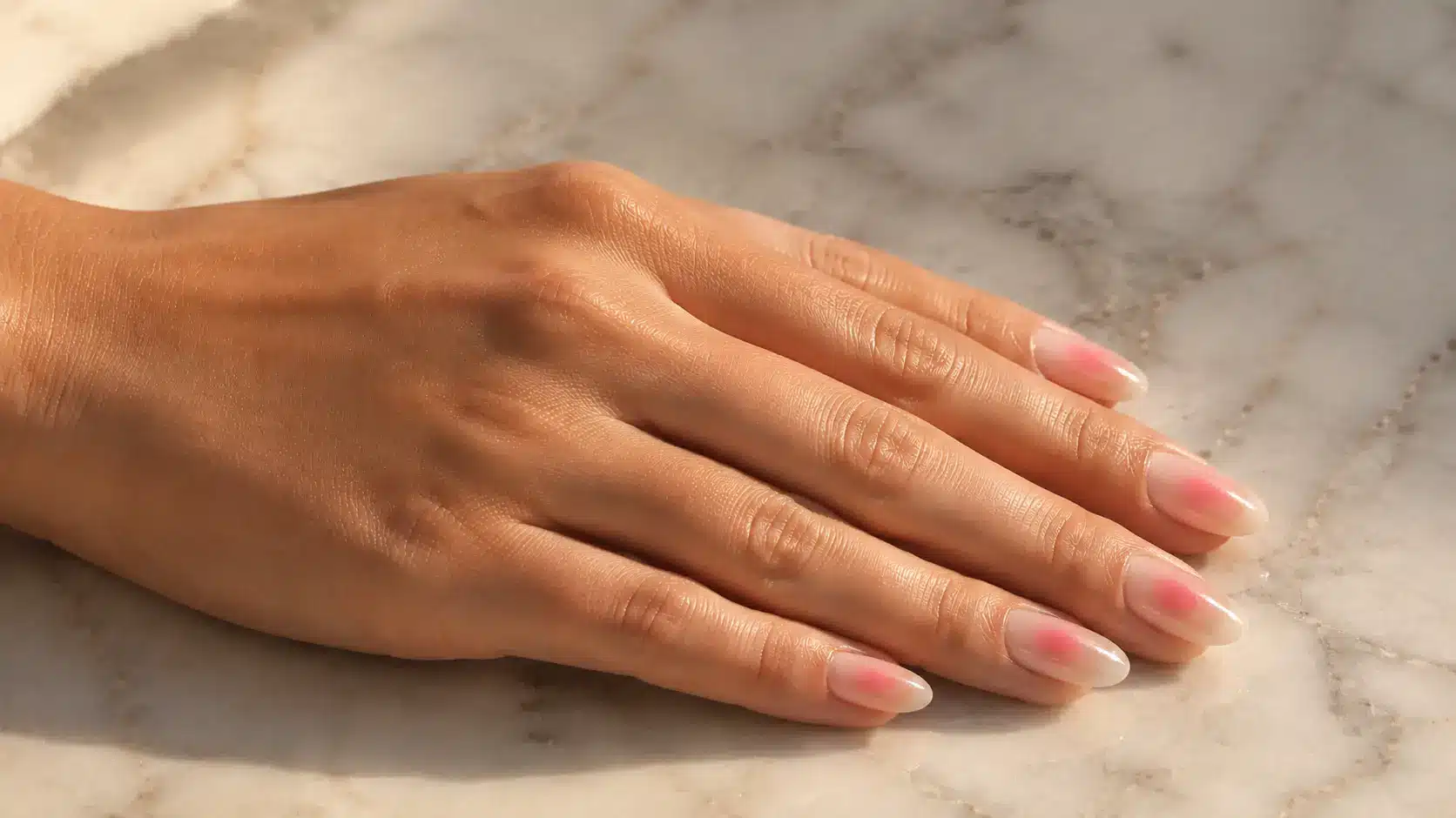Aura blooming accent nail design featuring soft pink blurred gradients on glossy nude nails for a simple nail art look