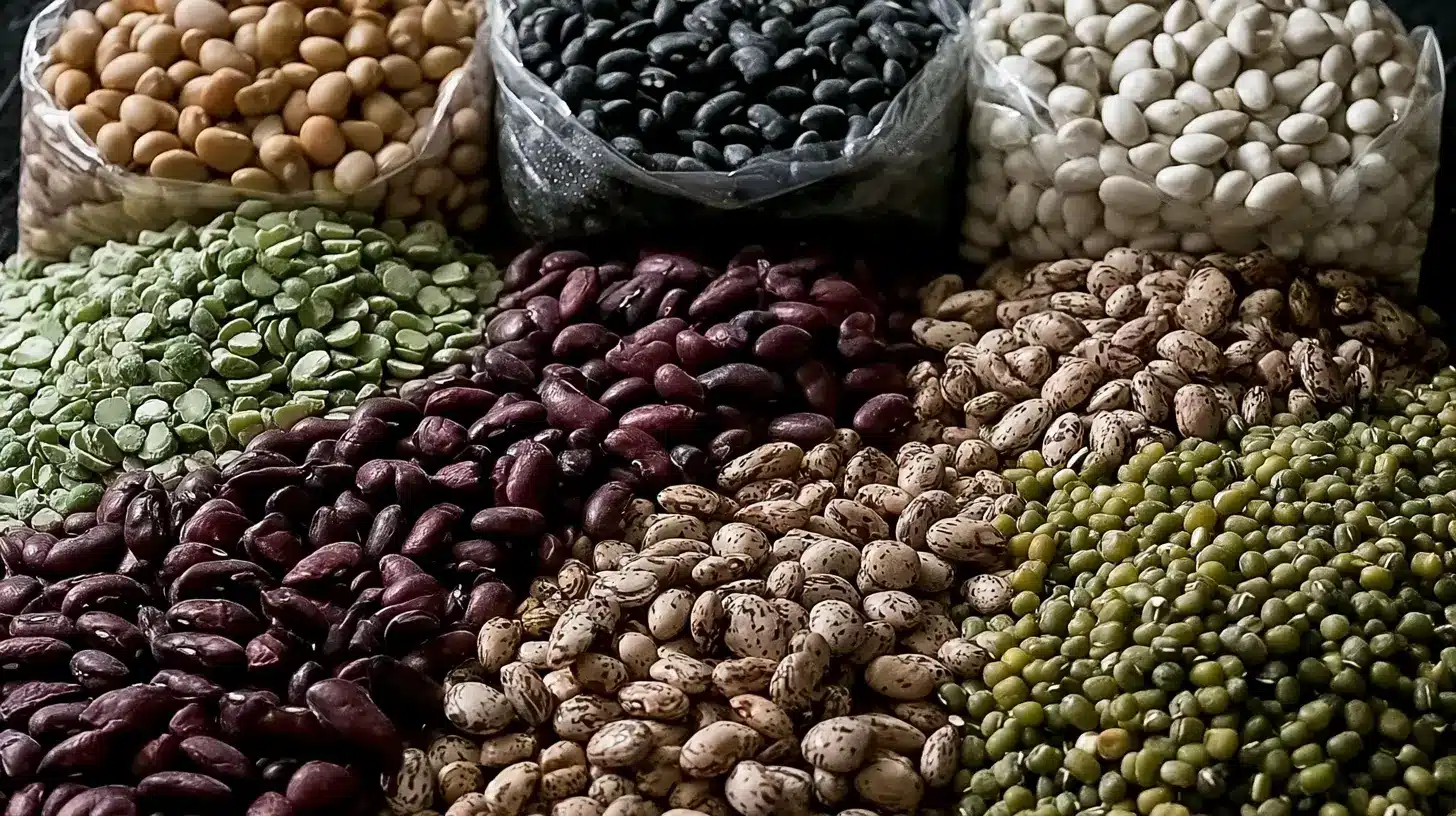 Assorted dried beans and legumes arranged in sections