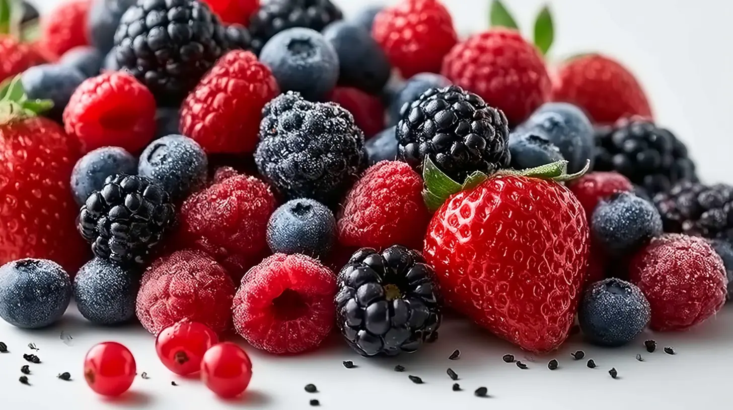 Close-up of mixed fresh berries, including strawberries, blueberries, raspberries, and blackberries, on a white surface.