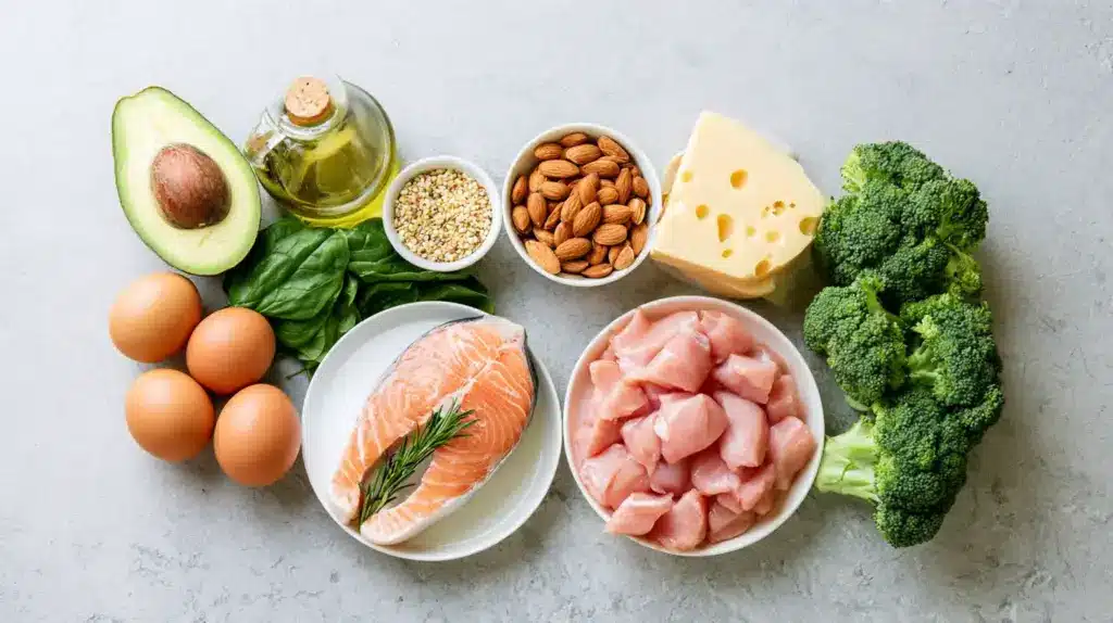 Salmon fillets with beans, lentils, cashews, leafy greens, avocado, oranges, apple and kiwi arranged on a dark table