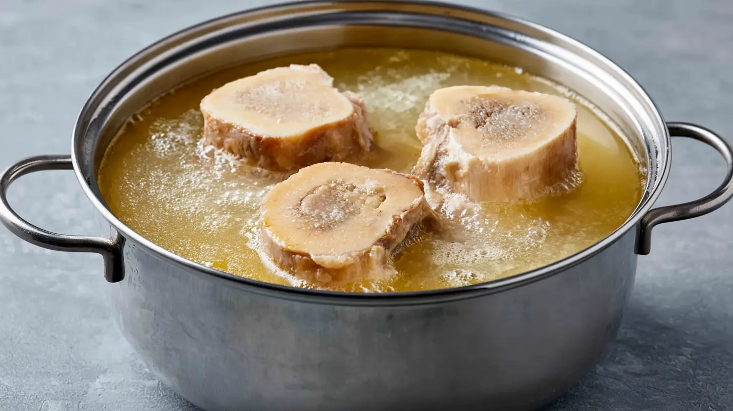 Marrow bones simmering in bone broth inside a stainless steel pot