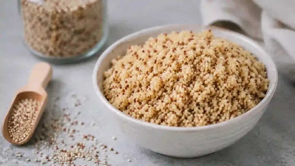 Bowl of cooked quinoa with scattered grains and scoop highlighting its nutritious whole grain texture.