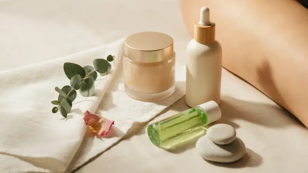 Luxury skincare setup with aftercare products for maintaining smooth skin after a Brazilian wax.