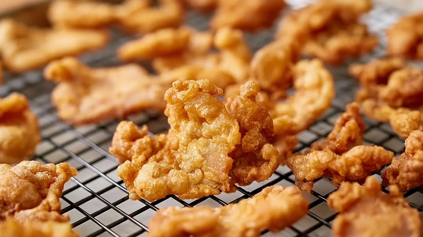 Close-up of crispy fried pork skin pieces cooling on a wire rack.