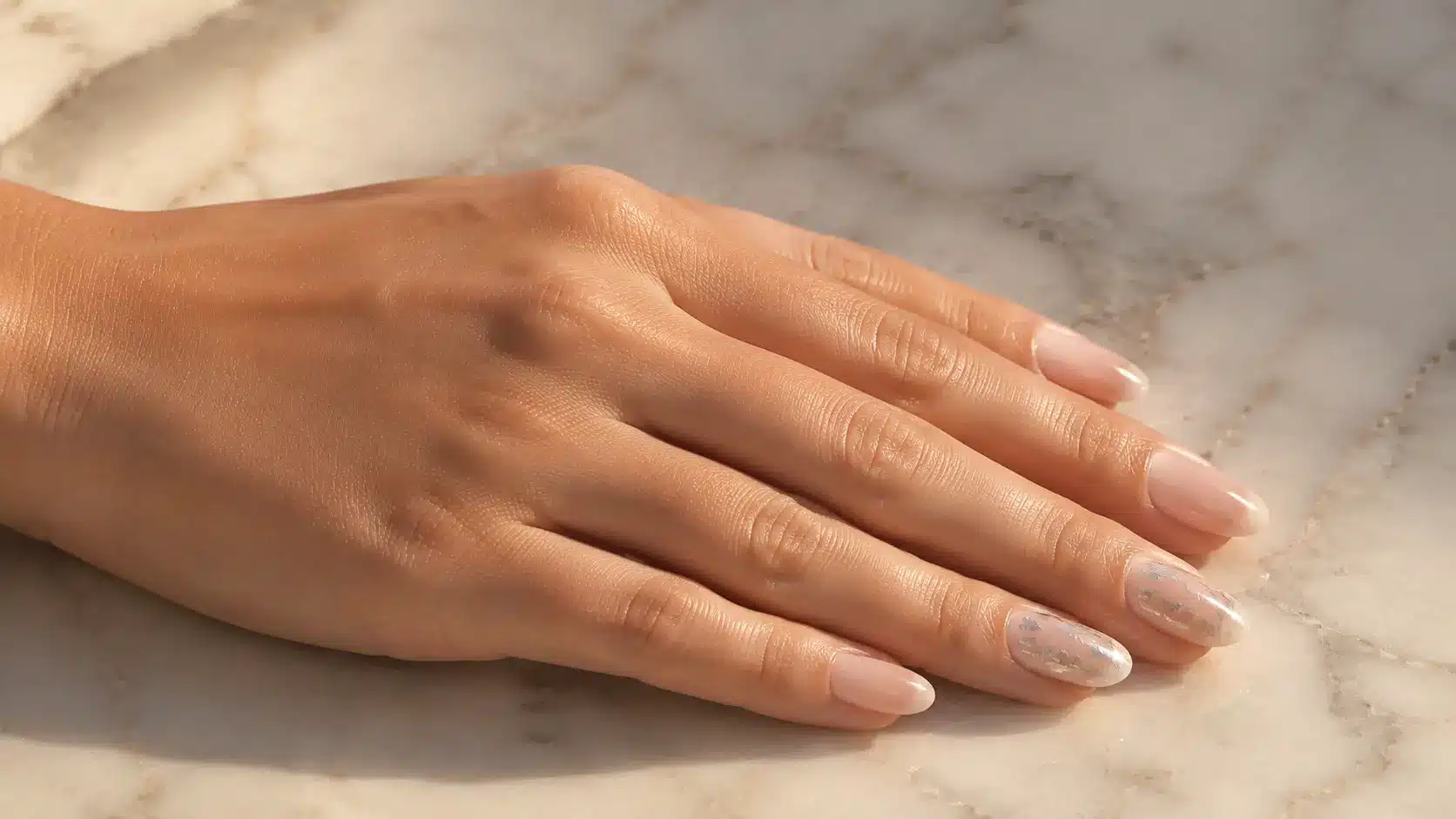 Chrome fleck accent nail design featuring glossy nude nails with subtle metallic flakes for a simple nail art look