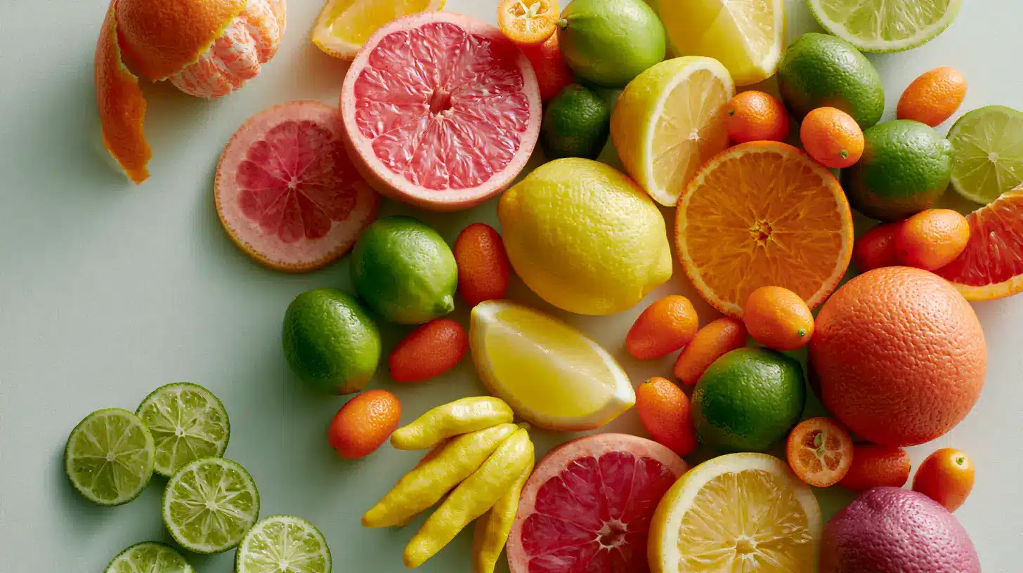 Assorted whole and sliced citrus fruits, including grapefruit, lemon, lime, orange, and kumquat, arranged on a light surface.