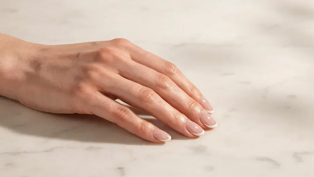 Classic thin French nail design featuring glossy nude nails with slim white tips for a simple nail art look