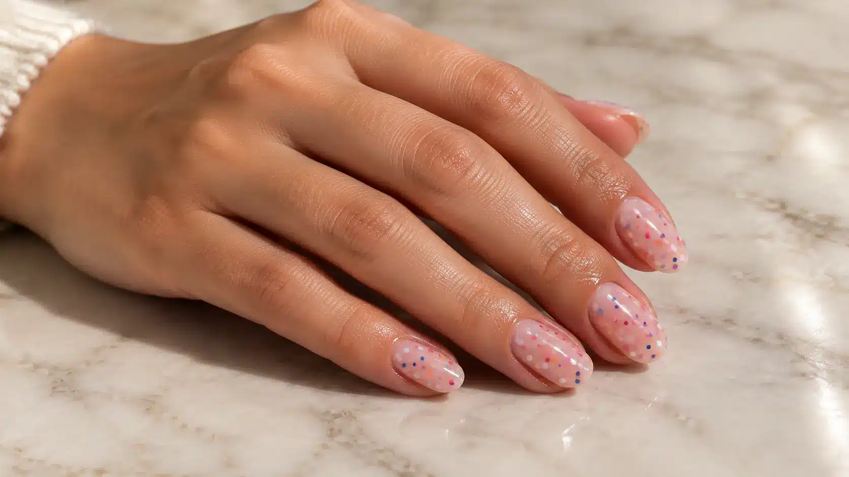 Confetti dots nail design featuring colorful scattered dots on glossy nude nails for a playful simple nail art look