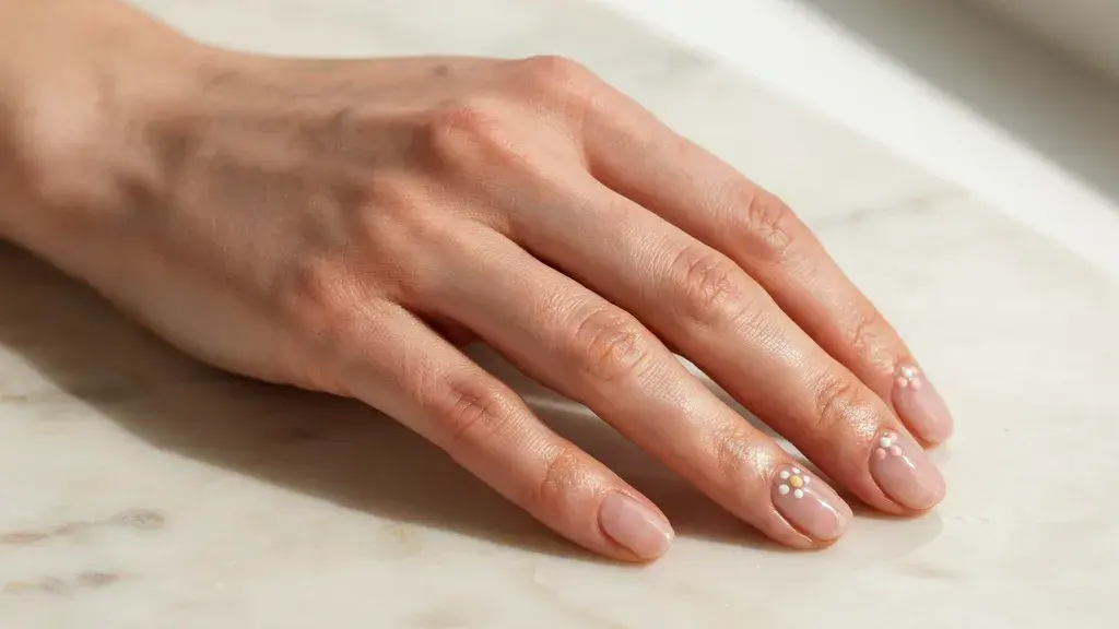 Dot flower nail design featuring glossy nude nails with small dotted floral accents for a simple nail art look