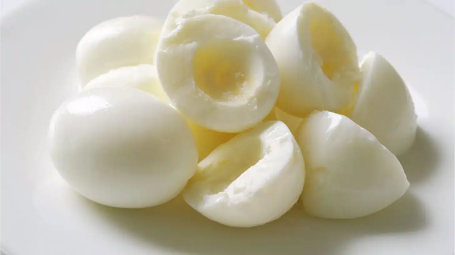 Whole and halved boiled egg whites arranged on a white plate