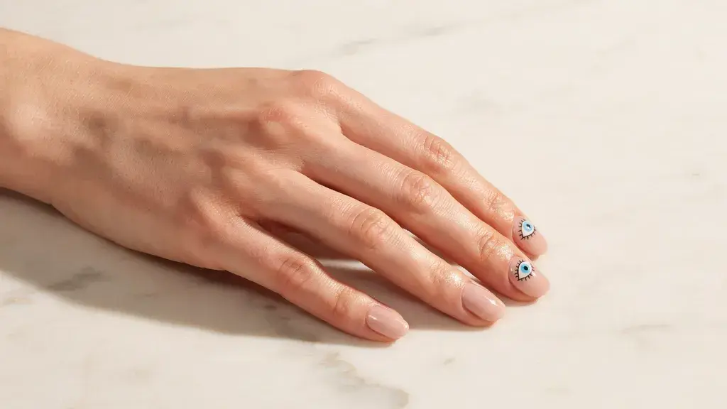 Evil eye nail design featuring glossy nude nails with tiny blue eye motifs for a simple nail art look