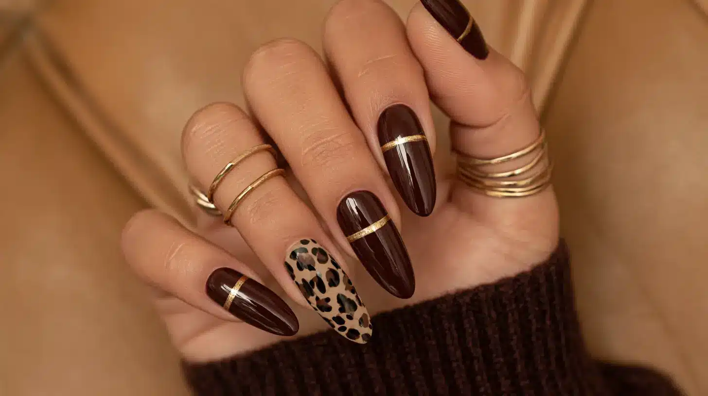 Close-up of glossy dark chocolate-brown almond-shaped nails with thin gold accents