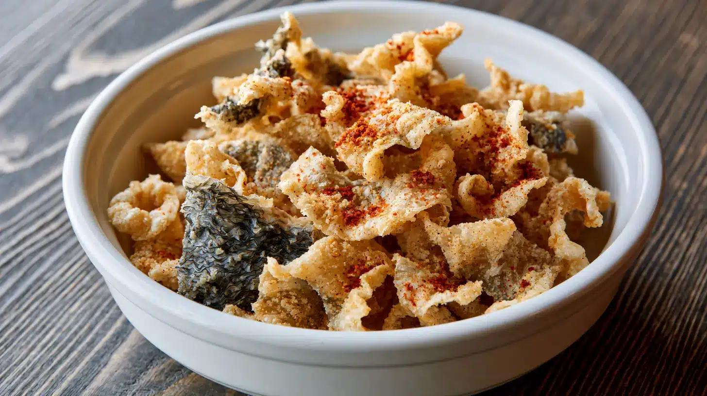 Bowl of crispy pork rinds sprinkled with chili seasoning, served on a wooden table.