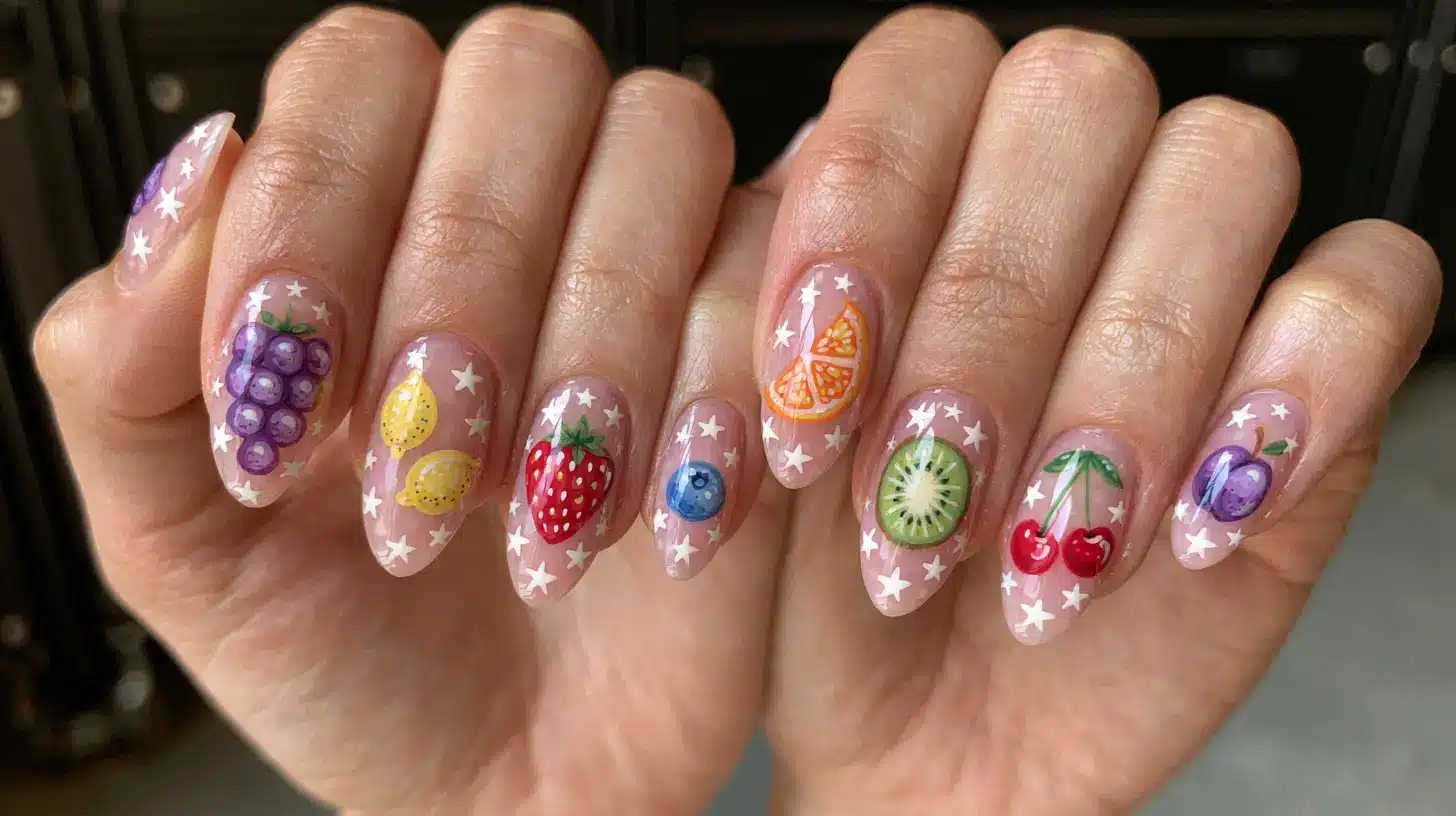 Almond nails with star print and hand painted mixed fruit designs on each nail.