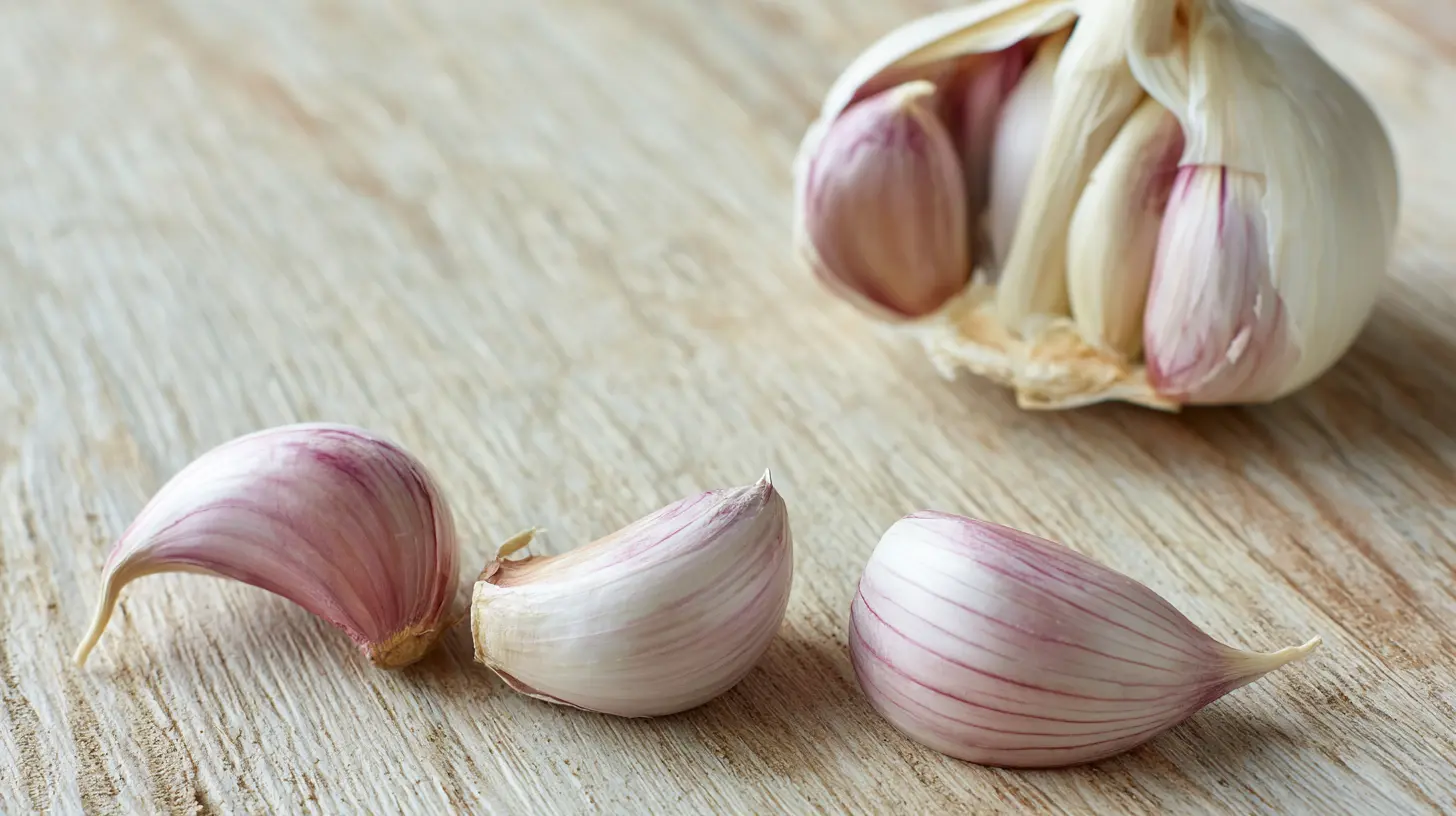 Peeled garlic cloves resting on a wooden surface, with a partially peeled garlic