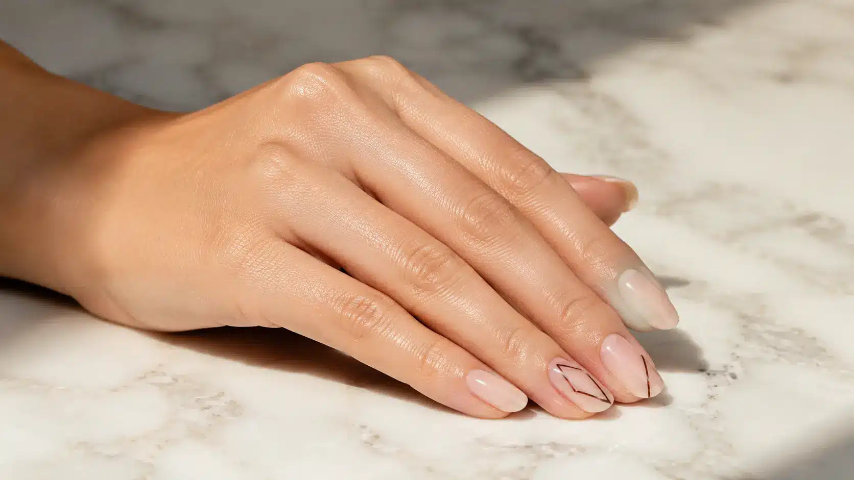 Geometric line nail design featuring glossy nude nails with minimal angular details for a simple nail art look