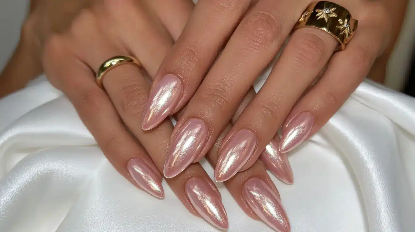 Hands with long, almond-shaped glossy light pink chrome manicured nails resting on white silk.
