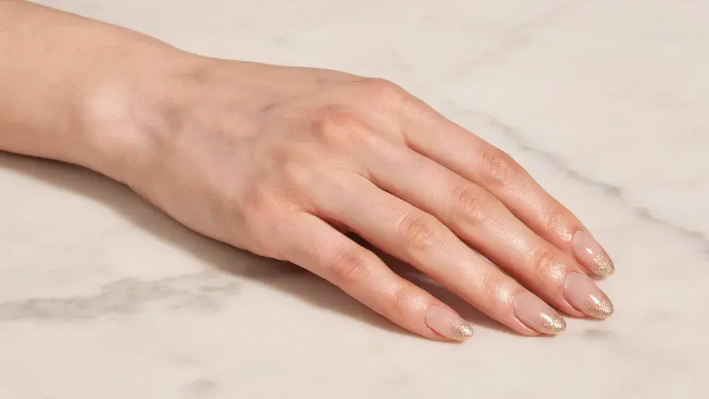 Glitter tip gradient nail design featuring sparkling ombré tips on glossy nude nails for a simple nail art look
