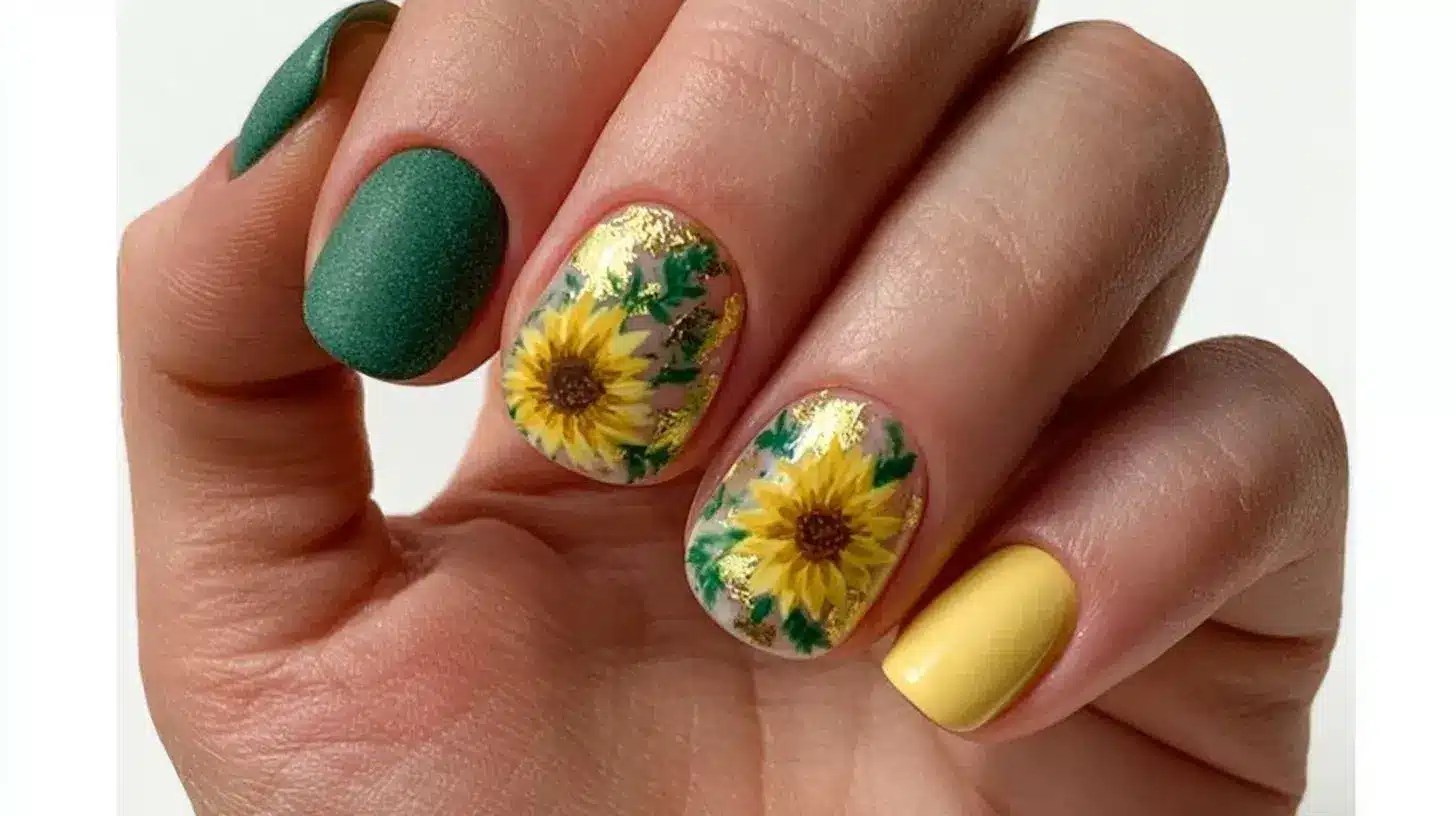 Sunflower nail art with matte green, gold foil, and yellow accent nails.
