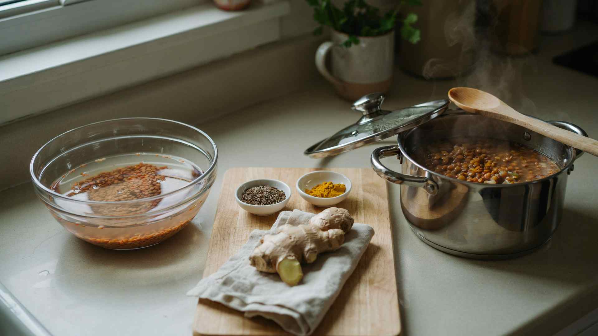 Bowl of soaking lentils next to cooked lentils and digestive-friendly spices like cumin and turmeric.