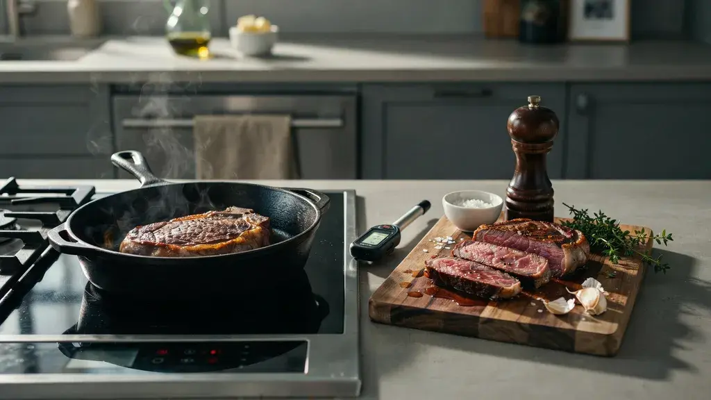 8 oz steak cooking in a cast iron pan with a thermometer for doneness