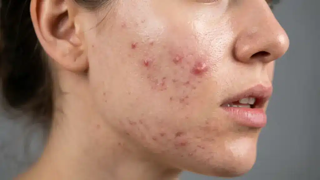 Close up side view of a woman's cheek and jaw showing inflamed acne, red pimples, clogged pores, and healing blemishes