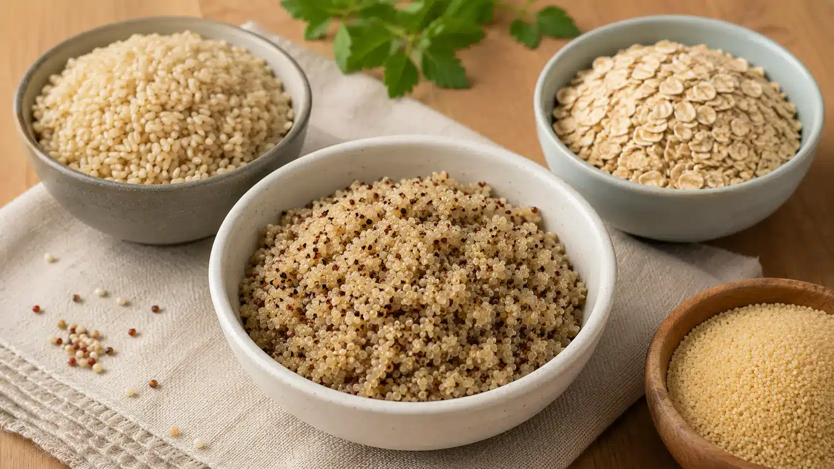 Bowls of quinoa, brown rice, oats, and couscous arranged for a realistic grain comparison.