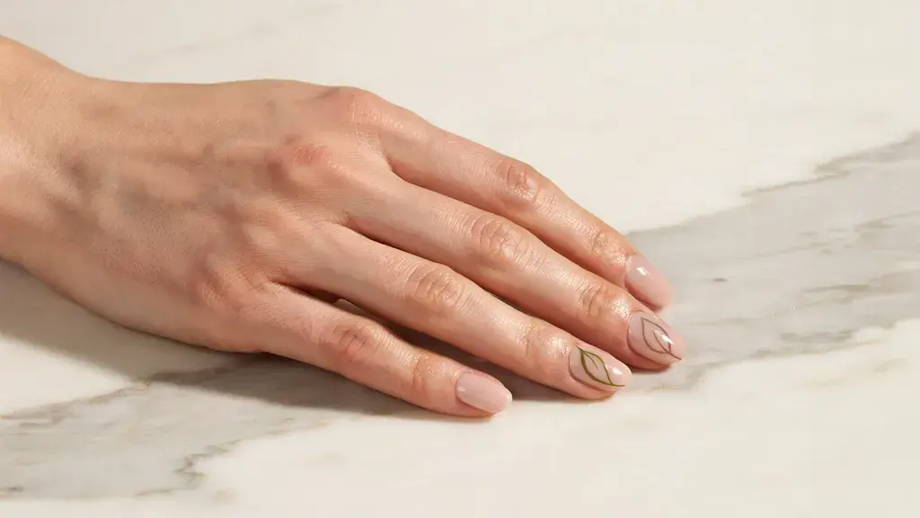 Leaf outline nail design featuring glossy nude nails with delicate botanical details for a simple nail art look